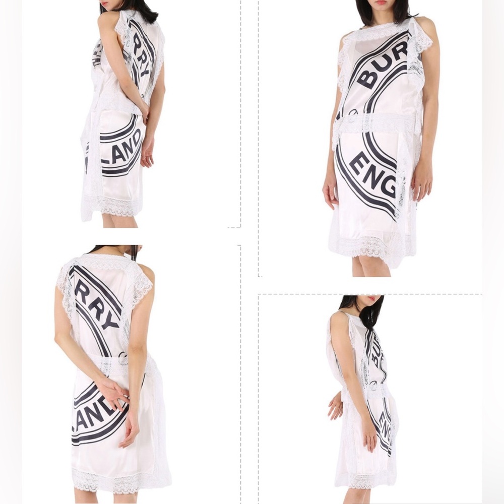 BURBERRY WHITE SILK LOGO DRESS WITH BOLD GRAPHIC PRINT AND LACE EMBELLISHMENT